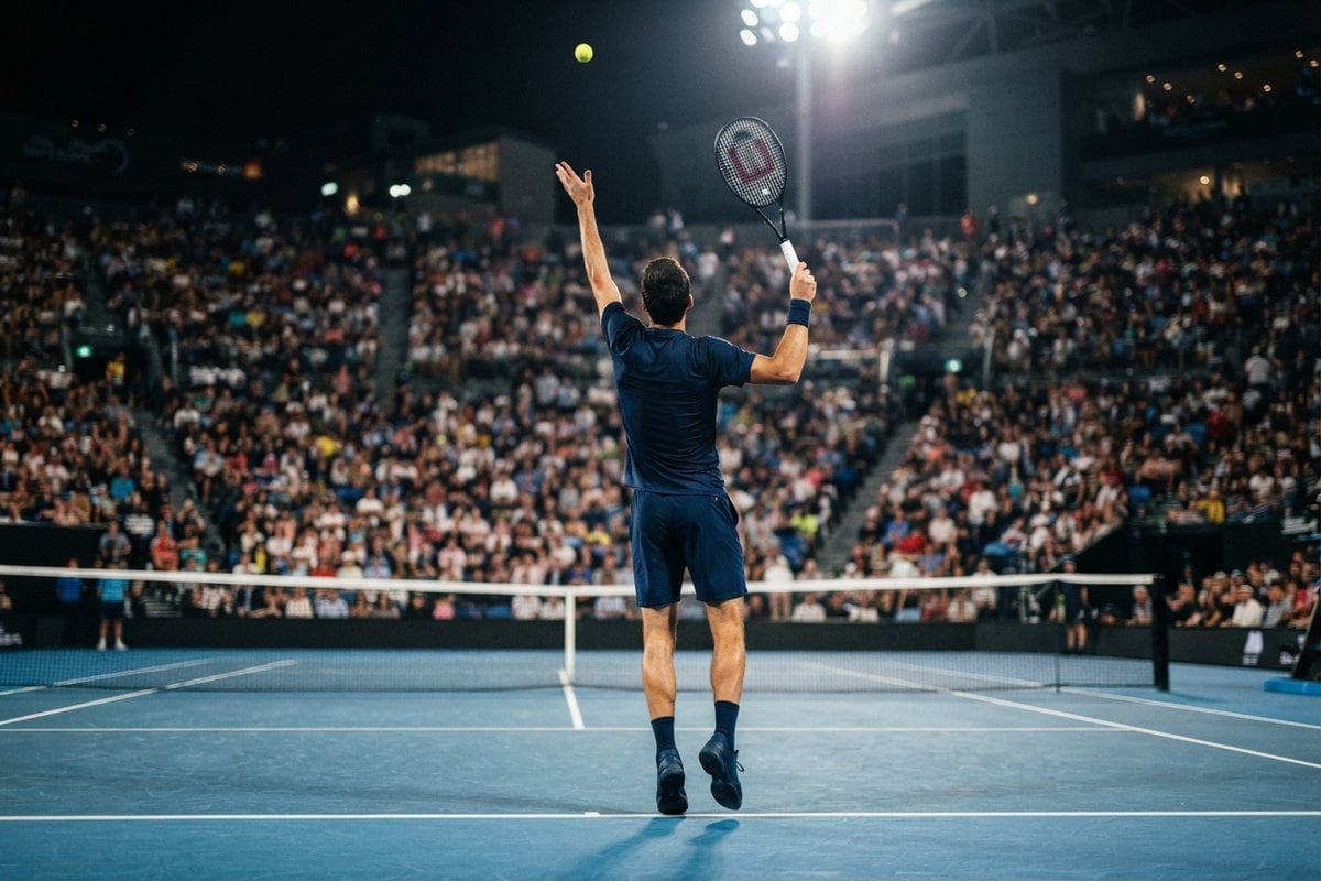 Joueur de tennis vu de dos au moment du service, sur un court en dur bleu, devant des tribunes pleines en nocturne.