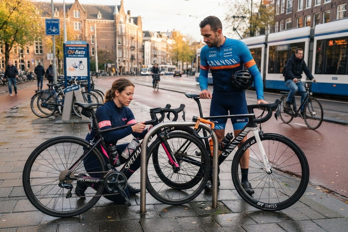 Deux cyclistes en tenue de route attachent leurs vélos à un arceau métallique dans une rue de ville