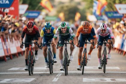 Cinq coureurs cyclistes en danseuse franchissent la ligne au coude à coude devant le public