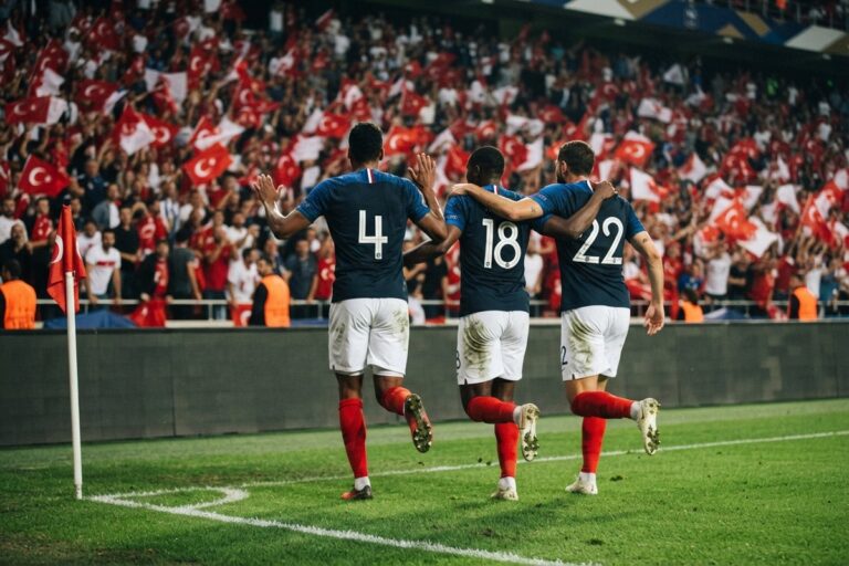 Trois joueurs de l'équipe de France, vus de dos, célèbrent un but près du poteau de corner devant des supporters turcs