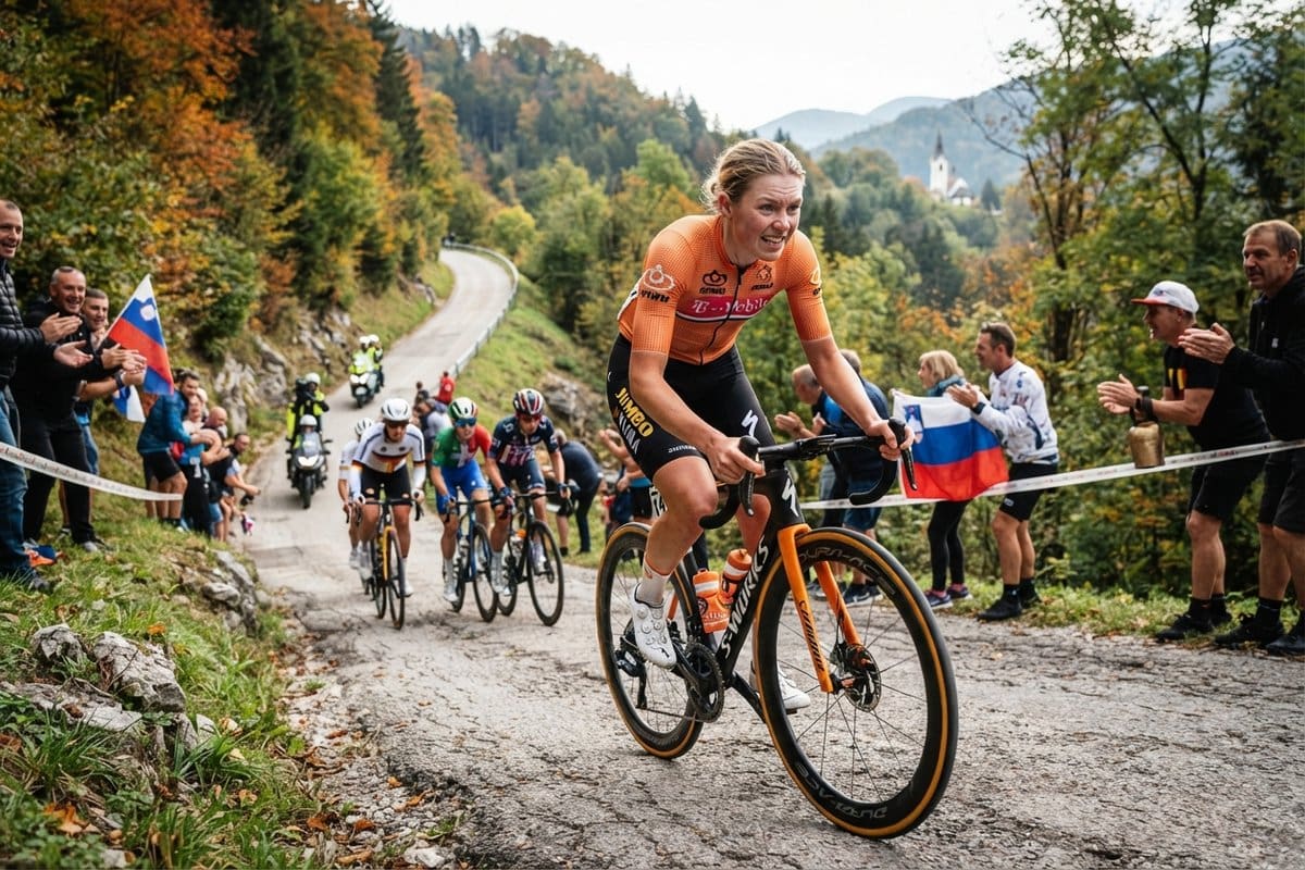 Une coureuse en maillot orange des Pays-Bas attaque dans une côte boisée, suivie d'un groupe et applaudie par le public