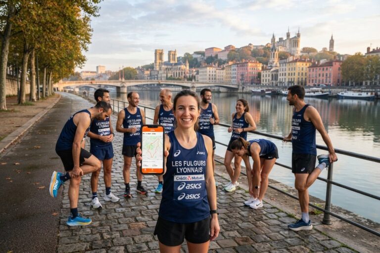 Groupe de coureurs en débardeurs de club au bord d'une rivière, une femme montrant l'application Strava sur son téléphone