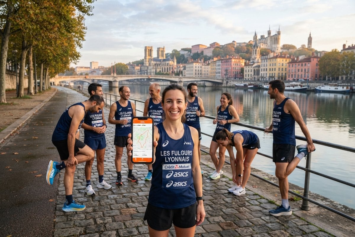 Groupe de coureurs en débardeurs de club au bord d'une rivière, une femme montrant l'application Strava sur son téléphone