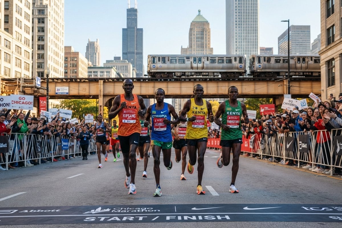 Quatre marathoniens en tête de course dans une rue de Chicago, sous le métro aérien, devant des spectateurs