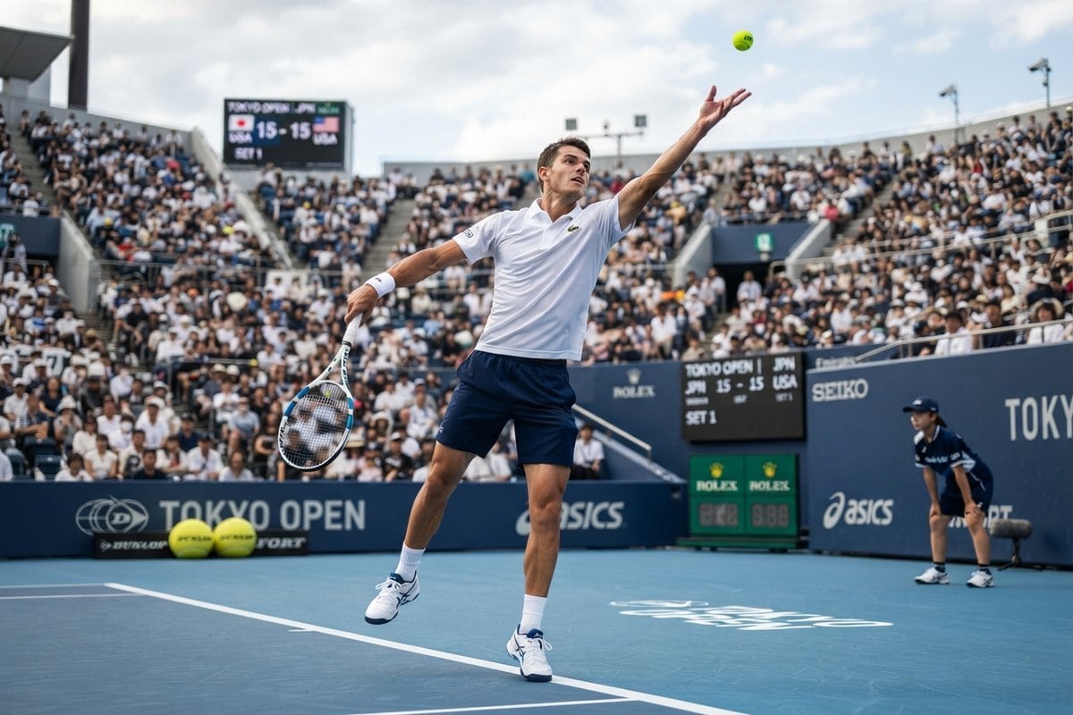 Joueur de tennis en polo blanc lançant la balle au service sur un court bleu, devant des tribunes pleines à Tokyo
