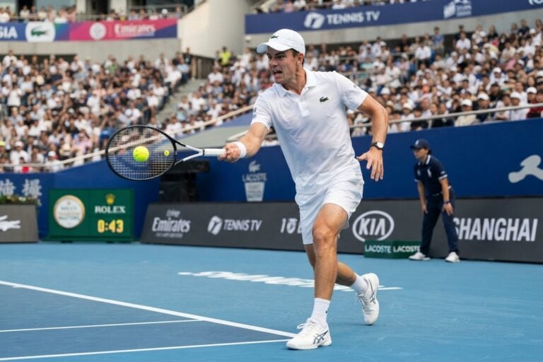 Joueur de tennis en tenue blanche frappant la balle en revers sur un court bleu devant une tribune pleine
