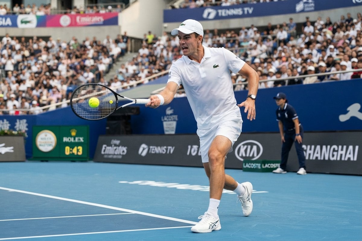 Joueur de tennis en tenue blanche frappant la balle en revers sur un court bleu devant une tribune pleine