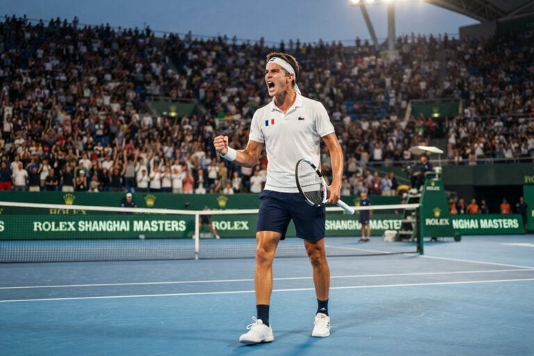 Joueur de tennis poing serré qui crie sur un court bleu, tribunes pleines et panneaux Rolex Shanghai Masters