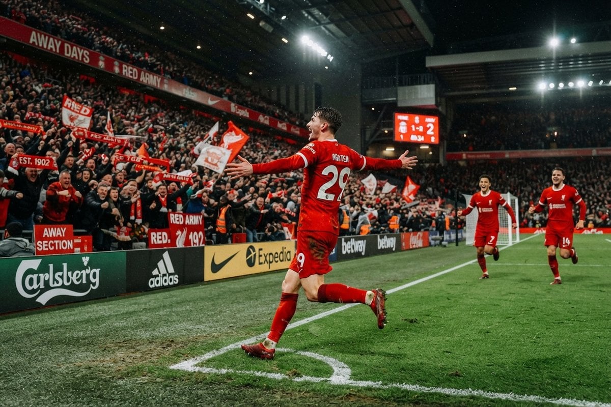 Footballeur en maillot rouge numéro 29 célébrant un but, bras écartés, devant une tribune de supporters