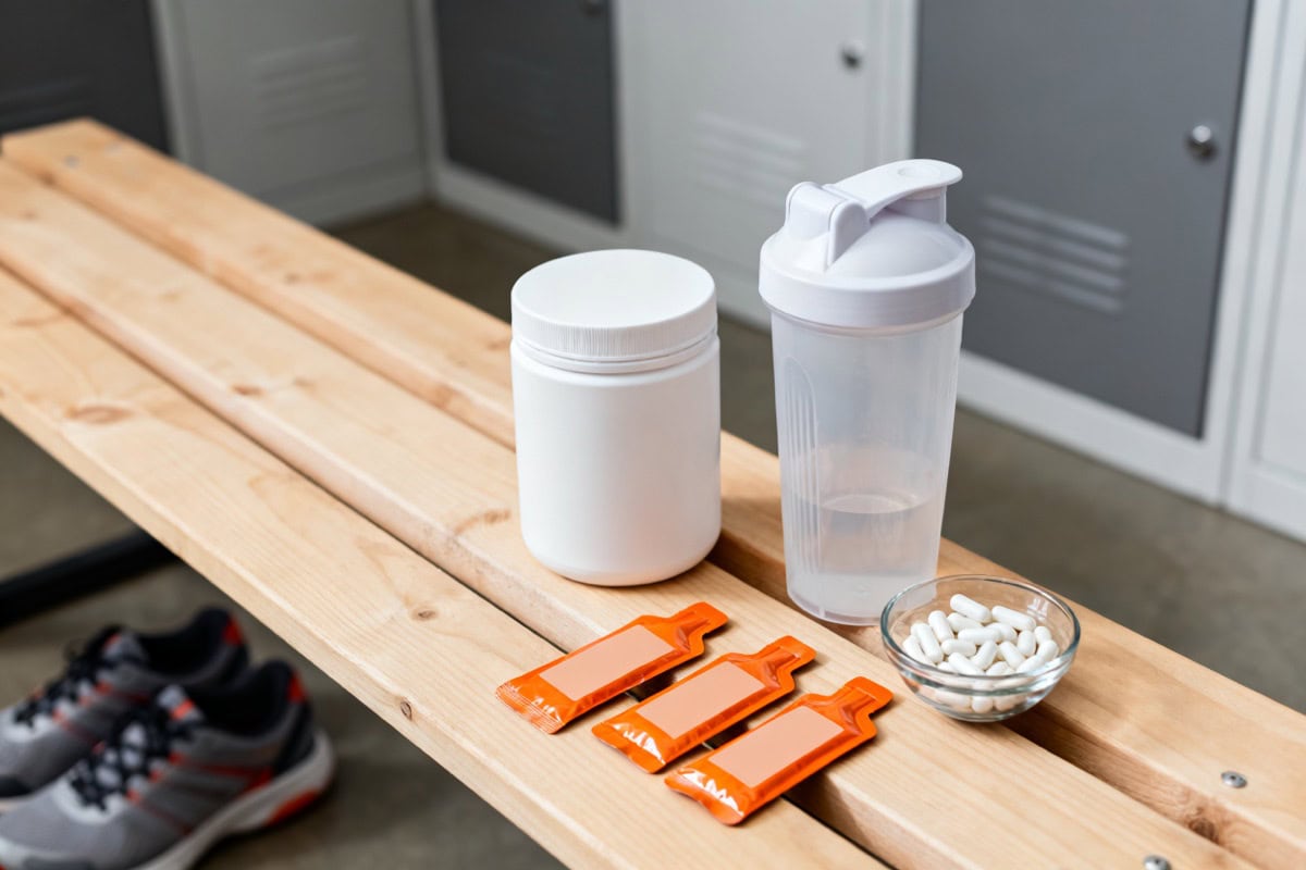 Pot de complément sans étiquette, shaker, gels énergétiques et gélules posés sur un banc de vestiaire.