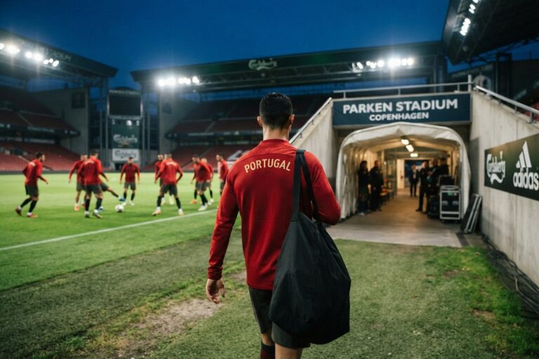 Joueur en haut d'entraînement rouge Portugal, vu de dos, sac noir à l'épaule, marchant vers le tunnel du Parken Stadium