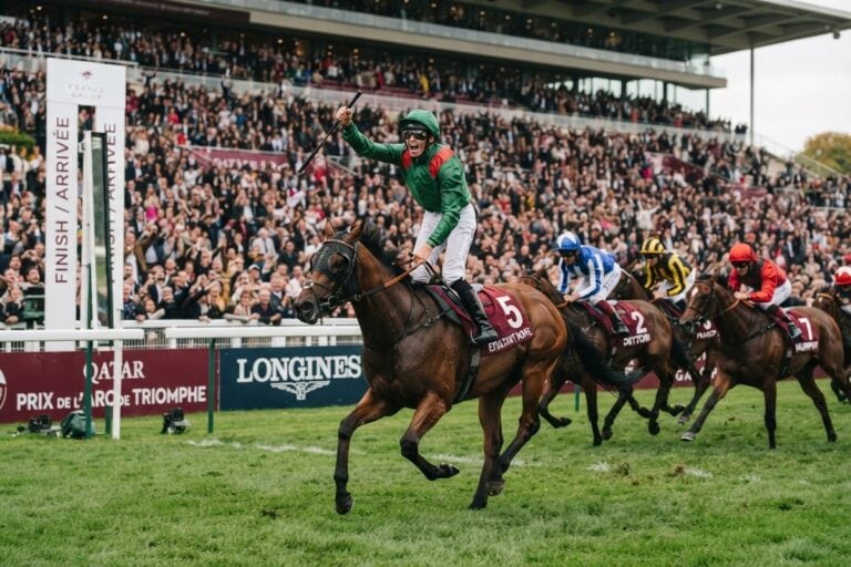 Jockey en casaque verte et rouge levant le bras en franchissant l'arrivée sur un cheval bai devant une tribune comble