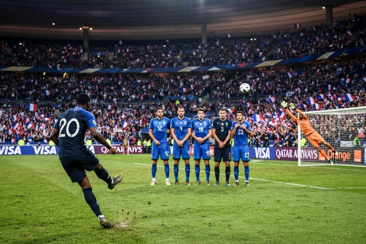 Un joueur français, de dos avec le n° 20, tire un coup franc face au mur italien dans un stade rempli de drapeaux tricolores