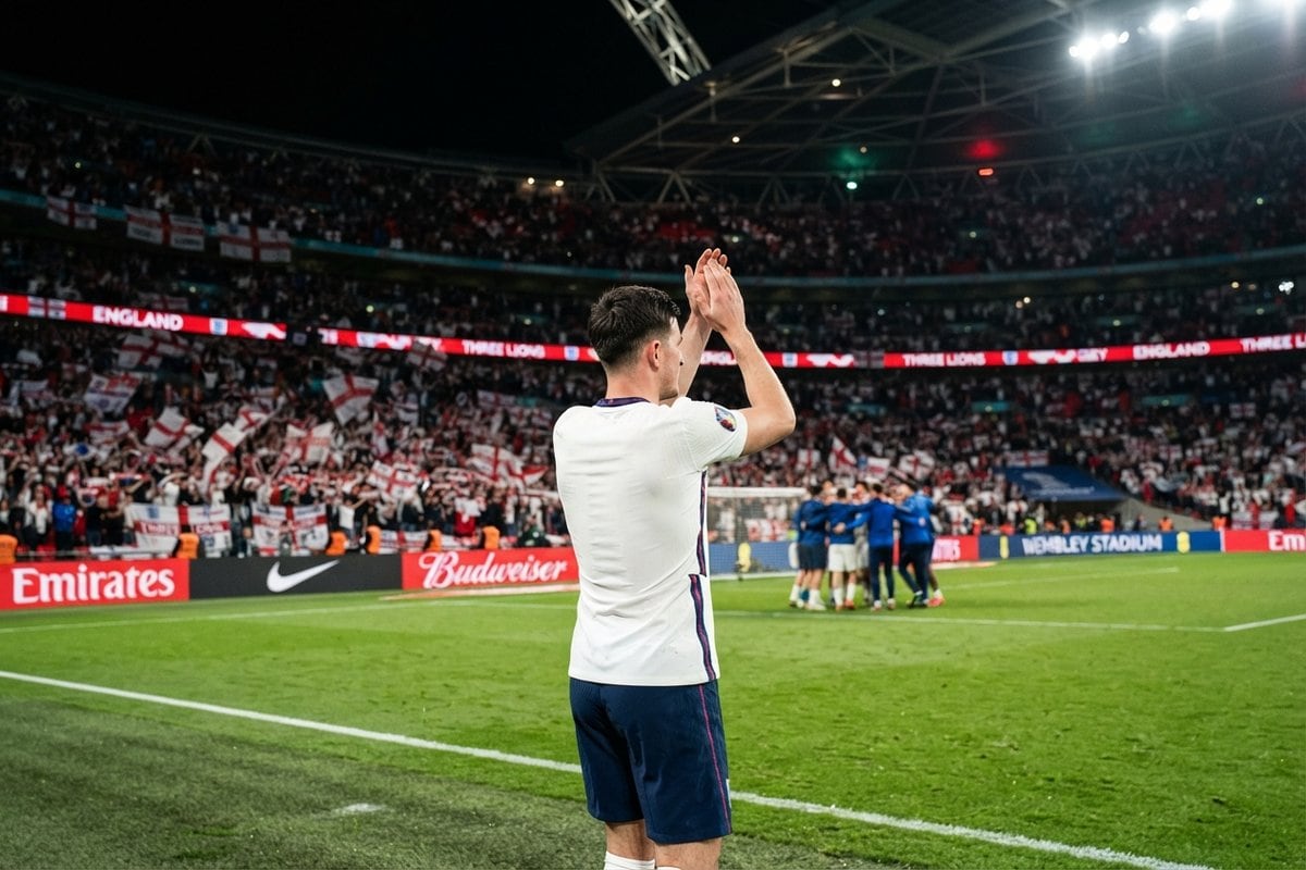 Joueur anglais de dos applaudissant les supporters dans un stade de Wembley plein, drapeaux de Saint-Georges en tribunes