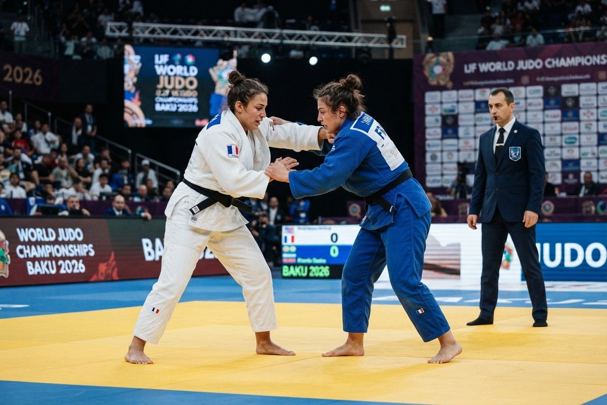 Deux judokates en judogi blanc et bleu s'affrontent devant un arbitre aux championnats du monde de Bakou 2026