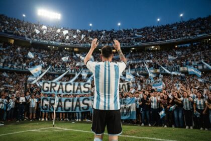 Joueur de dos en maillot de l'Argentine, bras levés face à une tribune remplie de drapeaux et de banderoles Gracias