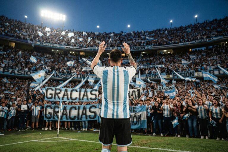 Joueur de dos en maillot de l'Argentine, bras levés face à une tribune remplie de drapeaux et de banderoles Gracias