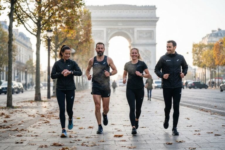 Quatre coureurs en tenue de running courent sur un trottoir parisien jonché de feuilles, l'Arc de Triomphe en arrière-plan