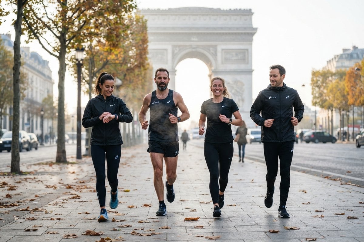 Quatre coureurs en tenue de running courent sur un trottoir parisien jonché de feuilles, l'Arc de Triomphe en arrière-plan