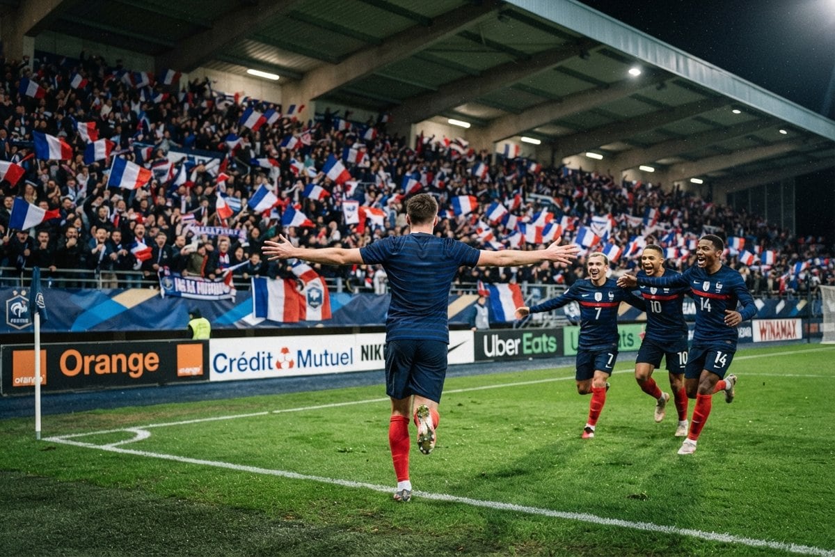 Joueur de l'équipe de France de dos, bras écartés devant une tribune pleine de drapeaux tricolores, rejoint par trois coéquipiers