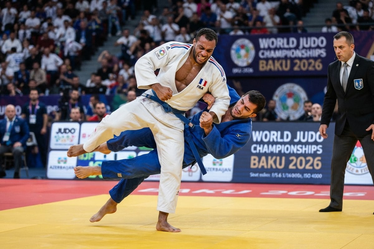 Un judoka en kimono blanc aux couleurs de la France projette son adversaire en bleu devant l'arbitre, à Bakou