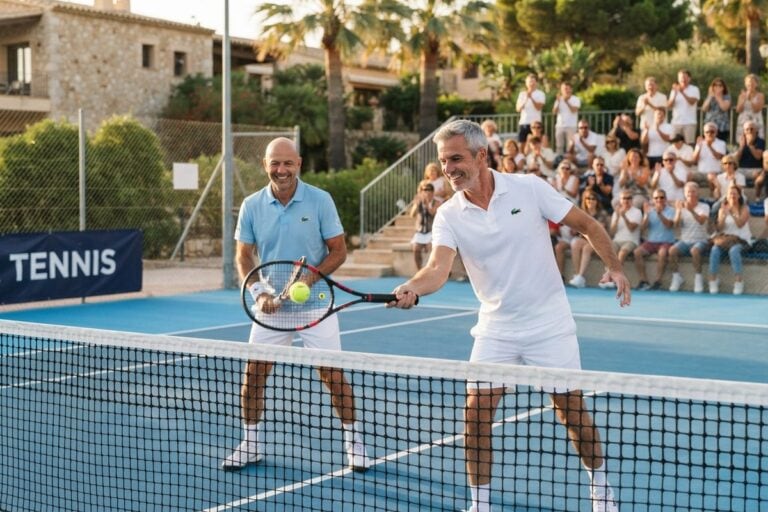 Deux joueurs de tennis d'une cinquantaine d'années au filet lors d'un double, devant des spectateurs qui applaudissent