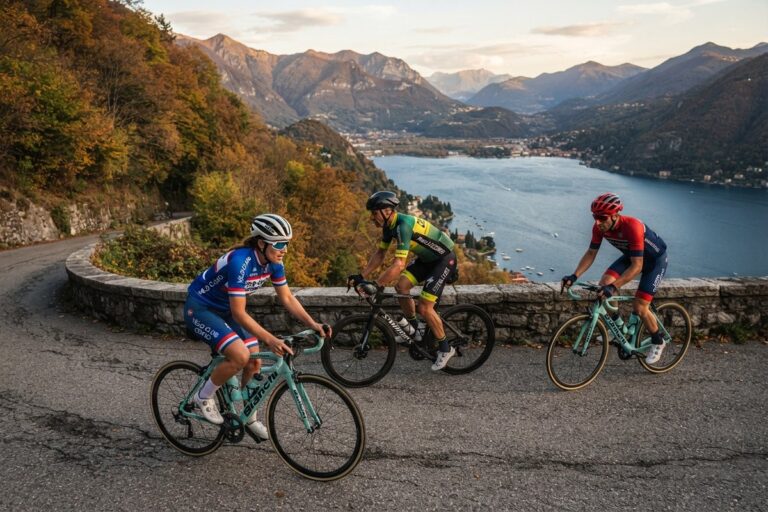 Trois cyclistes amateurs, dont une femme sur un vélo Bianchi, sur une route en lacets au-dessus du lac de Côme en automne