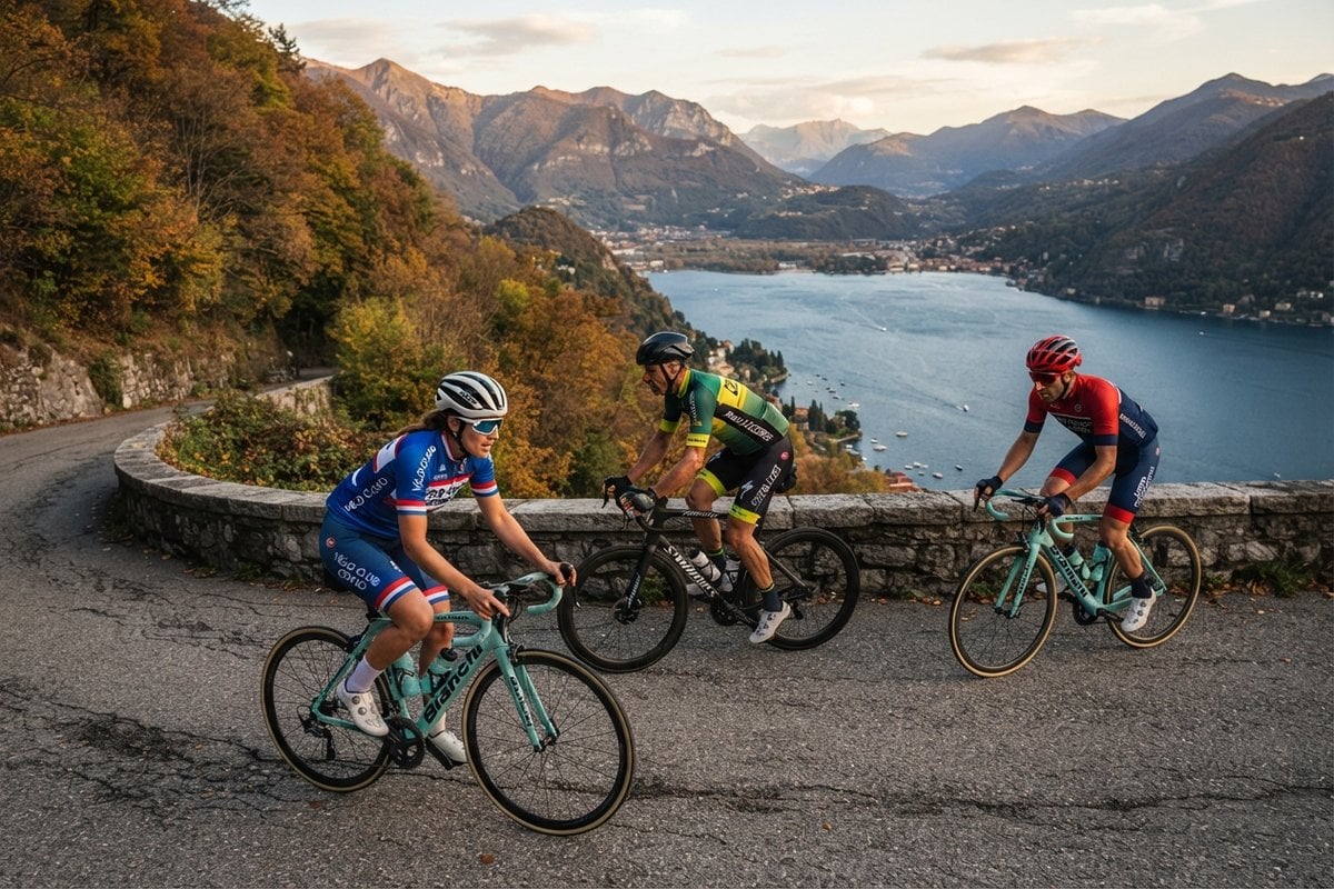Trois cyclistes amateurs, dont une femme sur un vélo Bianchi, sur une route en lacets au-dessus du lac de Côme en automne