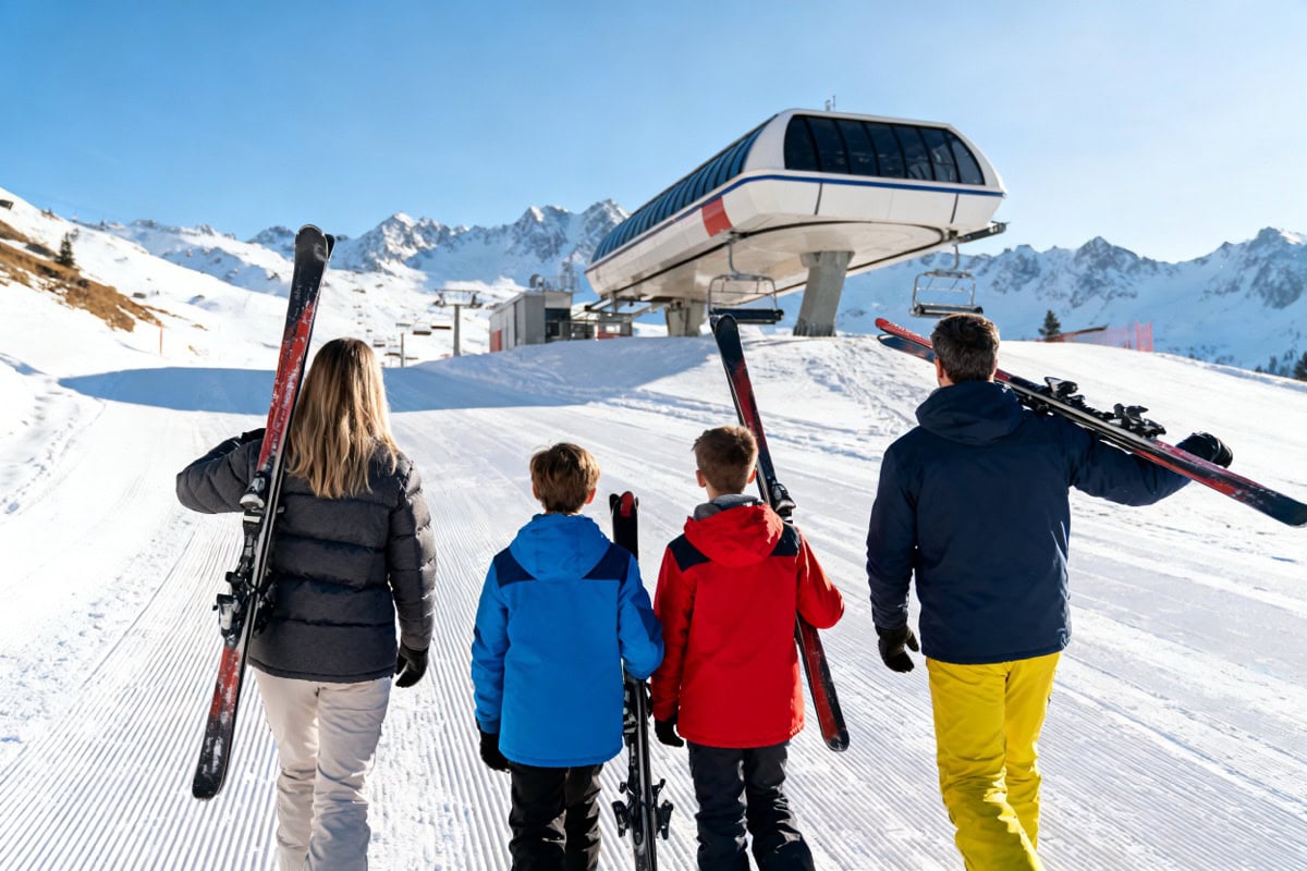 Famille de quatre skieurs, skis sur l’épaule, marchant vers un télésiège sur une piste damée.