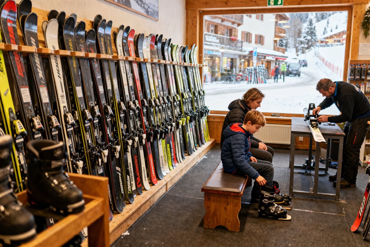 Dans un magasin de location de skis, un enfant essaie des chaussures de ski pendant qu’un loueur règle une fixation.