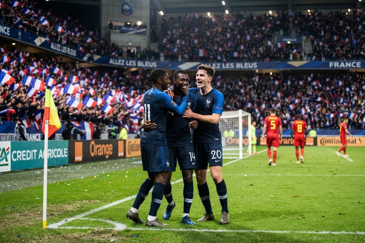 Trois joueurs de l'équipe de France en maillot bleu se congratulent près du poteau de corner, devant des tribunes pleines