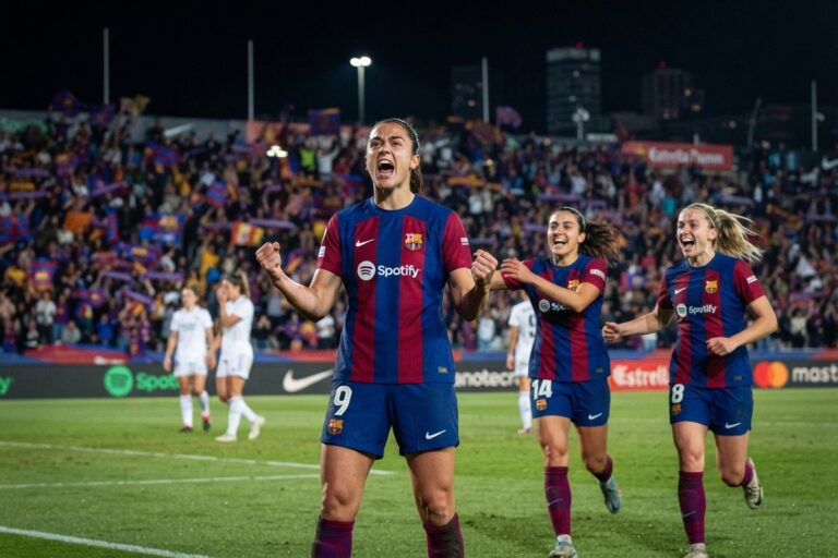 Une joueuse du FC Barcelone serre les poings en célébrant un but, rejointe par deux coéquipières devant des tribunes en liesse