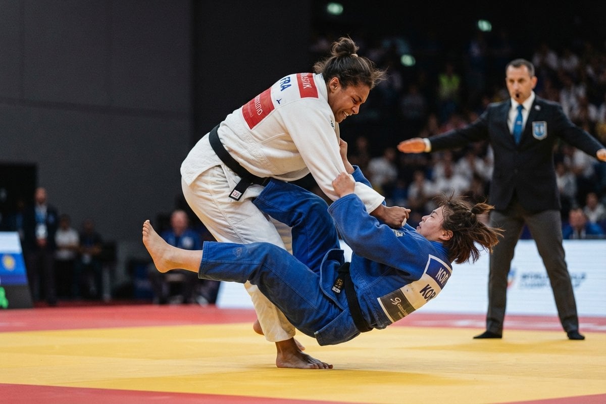 Judokate en kimono blanc projetant au sol une adversaire en kimono bleu sur un tatami jaune, sous le regard d'un arbitre