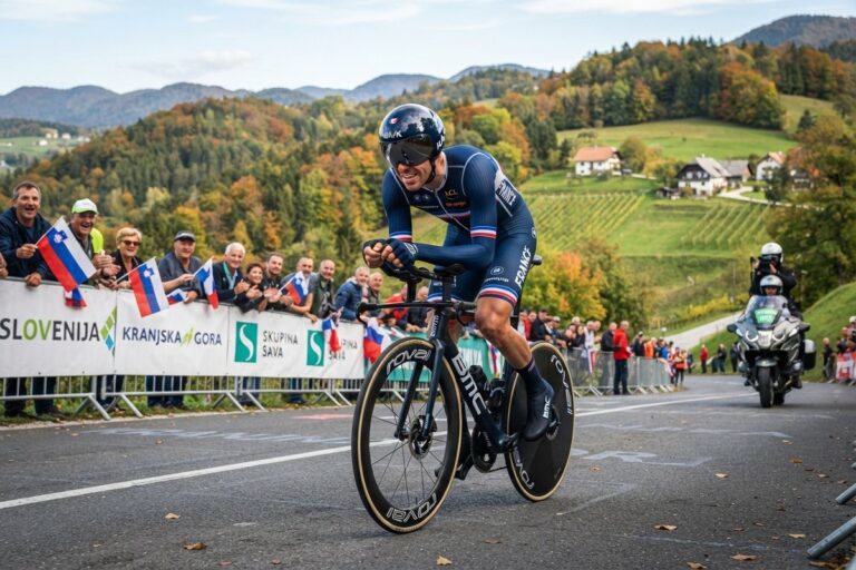 Coureur de l'équipe de France en contre-la-montre, devant des spectateurs agitant des drapeaux slovènes