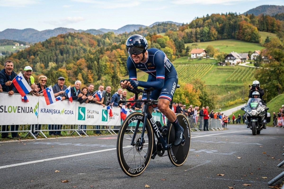 Coureur de l'équipe de France en contre-la-montre, devant des spectateurs agitant des drapeaux slovènes