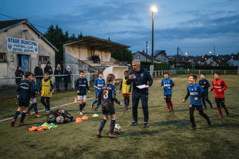 Enfants d'un club de foot amateur à l'entraînement autour de leur éducateur, sur un stade municipal à la nuit tombante